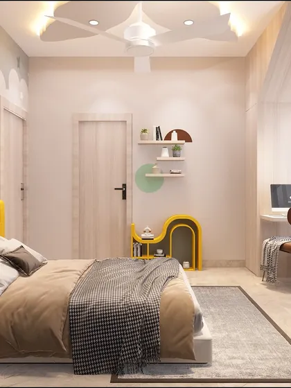 The room features a cohesive design with a dedicated study nook and playful shelving, all in a soft, neutral palette.