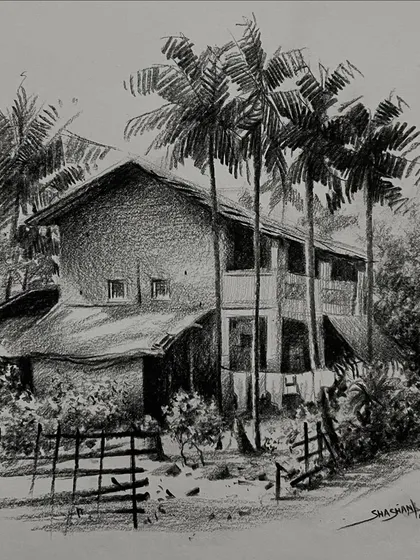 A highly detailed pencil rendering of a house with a fence, showcasing advanced shading and texture work.