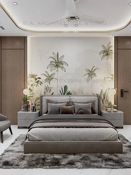 A bedroom design for a project in Naraina, featuring a nature-inspired wallpaper with lush greenery, bringing a sense of freshness and calm indoors.