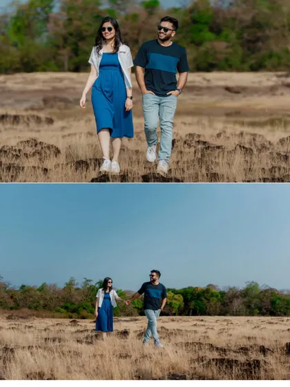 Wide shots of a couple walking hand-in-hand through a vast, open field, creating a sense of journey and togetherness.