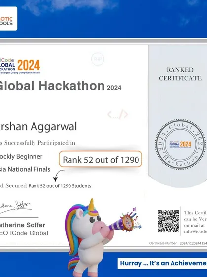 Congratulations to Arshan Aggarwal for securing Rank 52 out of 1290 students in the Global Hackathon 2024 Asia National Finals. This achievement qualifies him for the International Finals.