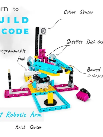 This guide shows the components of a smart robotic arm designed to sort bricks. Students learn to use a color sensor, programmable hub, and grippers to build and code a real-world automation solution.