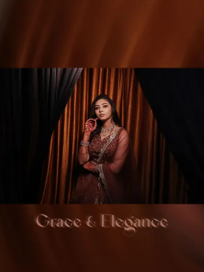 An elegant solo portrait of the bride at her reception, captioned "Grace & Elegance."