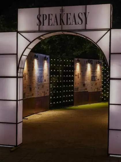 The entrance to "The Speakeasy." We built this custom archway to set the tone from the moment guests arrived, creating a sense of mystery and excitement.