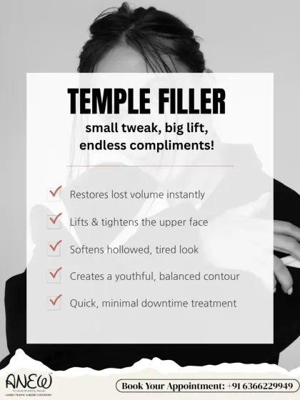 A temple filler is a small tweak that delivers a big lift. This quick treatment restores lost volume in the temple area, which softens a tired look and creates a more youthful, balanced facial contour.