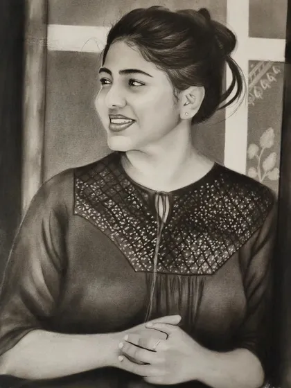 A close-up of the portrait, showing details in the clothing.