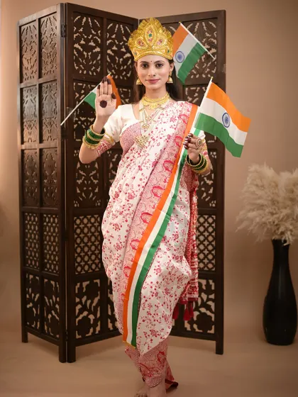 A full-length view of the Bharat Mata look, draped in a tricolor-bordered saree.