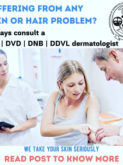 A public service announcement emphasizing the importance of consulting a qualified dermatologist. Always check for MD, DNB, or DVD degrees to ensure you are receiving expert care from a real medical doctor.