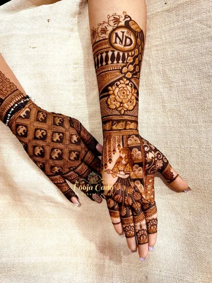 A unique take on an engagement design, with one hand featuring a traditional grid pattern and the other showcasing a personalized story with figures and initials.