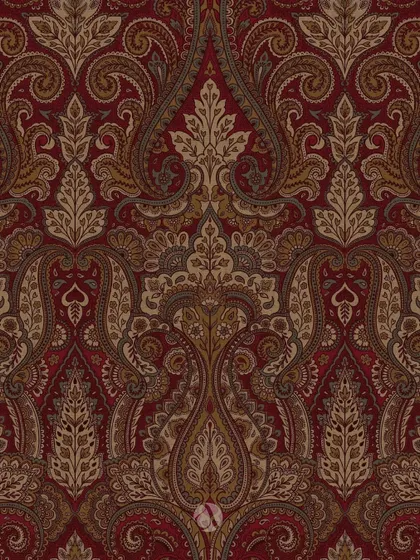 A detailed view of the Begum Jaal wallpaper pattern in a classic red and gold. This maximalist design is a celebration of abundance, with intricate paisleys creating a tapestry of curated chaos.