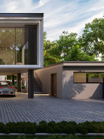 A duplicate of image 71, this render again showcases the modern two-story outhouse with its glass facade and integrated parking, highlighting its sleek and functional design.