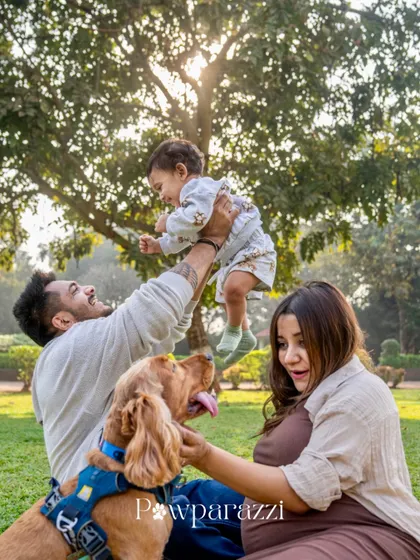 A playful moment from a maternity shoot, with the dad lifting the baby in the air while their dog looks on lovingly. These candid, joyful shots are a perfect reflection of a happy, growing family.