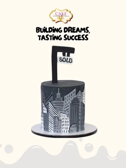 A cake designed for a top realtor to celebrate a major sale. This unique cake features a hand-painted monochrome cityscape with a "SOLD" sign topper, symbolizing success in the real estate world.