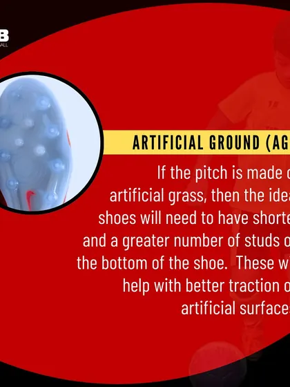 For artificial grass, shoes with shorter and more numerous studs (Artificial Ground) are best. They provide better traction on artificial surfaces.