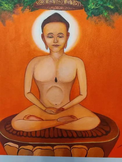 The final version of a serene Jain-inspired painting, showing a meditative figure. This piece demonstrates skill in figure drawing and creating a balanced, spiritual composition.