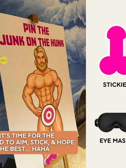 Time for some party games! "Pin the Junk on the Hunk" is always a hilarious choice for a bachelorette party, and we provide all the elements for the fun.