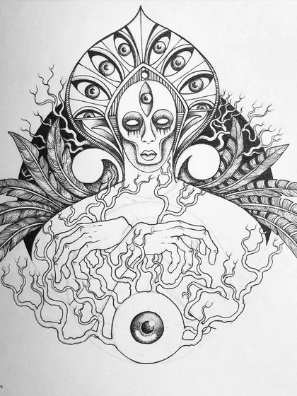 A progress shot of the multi-eyed goddess.
