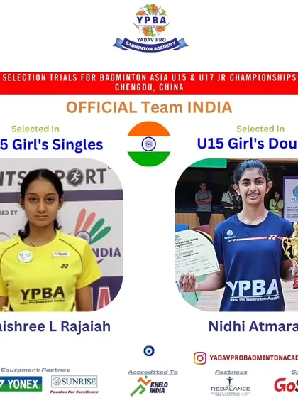 A huge achievement for our junior players Hithaishree and Nidhi, selected for the official Team India for the Badminton Asia U15 Championships.