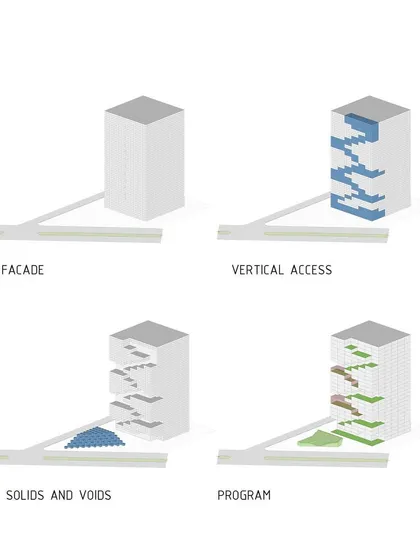 Conceptual diagrams for the Urban Ladder tower, illustrating the design strategy of creating a vertical ladder of social spaces and green terraces.