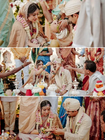 A collage of a bride performing various rituals during her traditional Hindu wedding ceremony.
