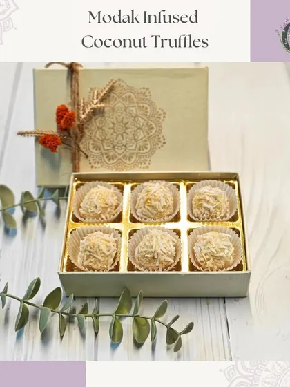 Our Modak Infused Coconut Truffles, an innovative and luxurious sweet treat for your festive celebrations.