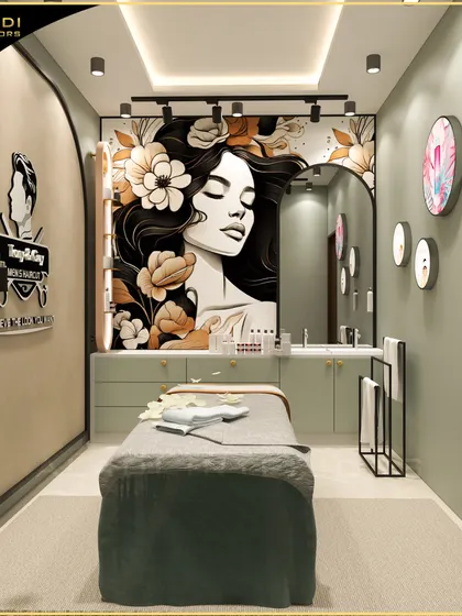 This salon design uses a powerful, graphic mural as a focal point, paired with a modern vanity, track lighting, and the business's logo for strong brand identity.