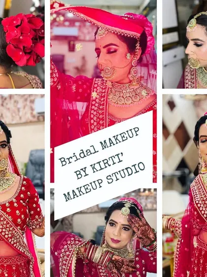 This collage highlights a bridal look with a beautiful floral hair bun and classic red makeup tones.