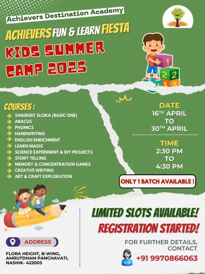 This flyer for our summer camp in Amrutdham, Nashik, highlights the single batch available, creating a sense of urgency. It's a chance for kids to dive into a world of learning and fun.