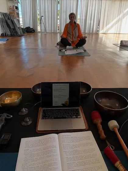 The setup for our sound healing training at RoofYoga in Casablanca. The space is filled with instruments, ready for a journey of learning and discovery.