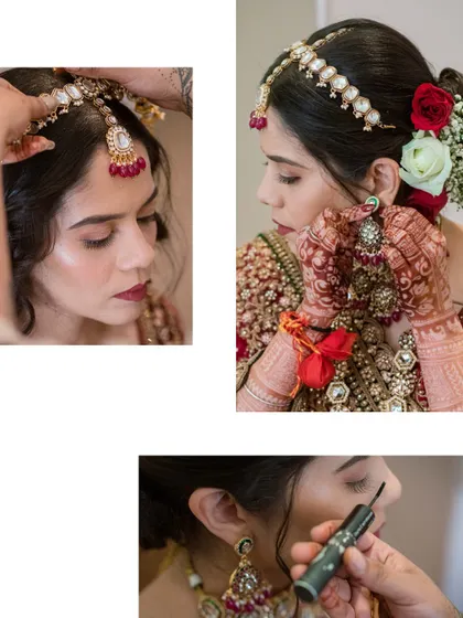 A collage of the final getting-ready moments. From the matha patti being placed to the eyeliner being perfected, these are the details that complete the bridal look.