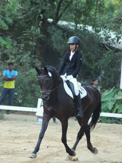 A stunning shot of one of our riders in perfect form during a dressage competition at the Auroville Horse Show. This image captures the elegance and discipline we teach.