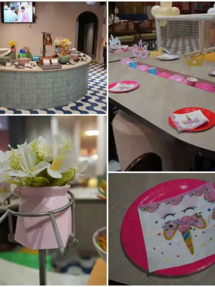 A closer look at our unicorn-themed dining setup. We use themed napkins and plates to make mealtime just as magical as playtime.