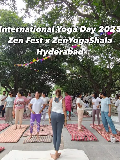 Leading a large group session for International Yoga Day in Hyderabad. It's a beautiful experience to guide so many people in a collective practice of mindful movement under the trees.
