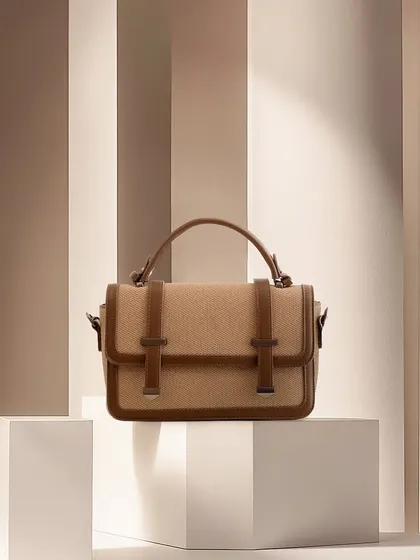 A beige and brown satchel shot against a background of clean, vertical lines. The neutral color palette and architectural elements give this image a refined, minimalist, and very chic aesthetic.
