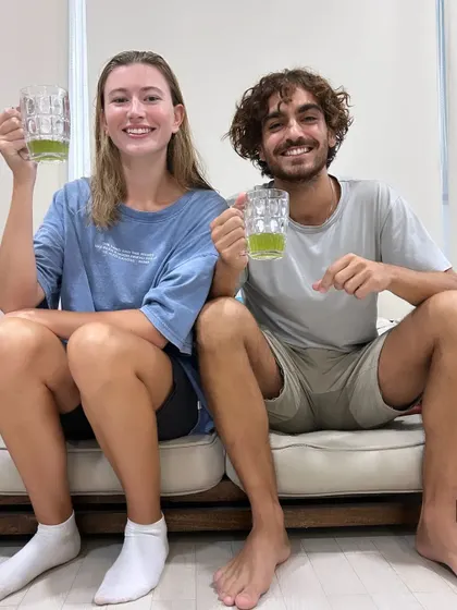 Sharing a smile after a shared wellness journey. Our couple's float is a popular choice for anniversaries, birthdays, or simply a unique weekend activity to reconnect.