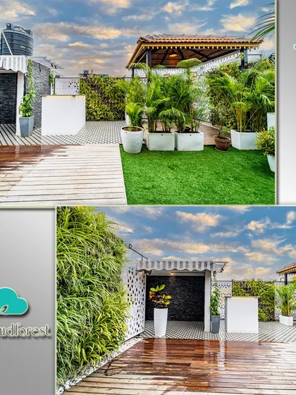 This collage shows a multi-level terrace design that combines different materials for a dynamic look. A wet-look wooden deck provides a sleek lounge area, while artificial grass adds a soft touch. The space is enclosed by a vertical garden and privacy screens for a secluded feel.