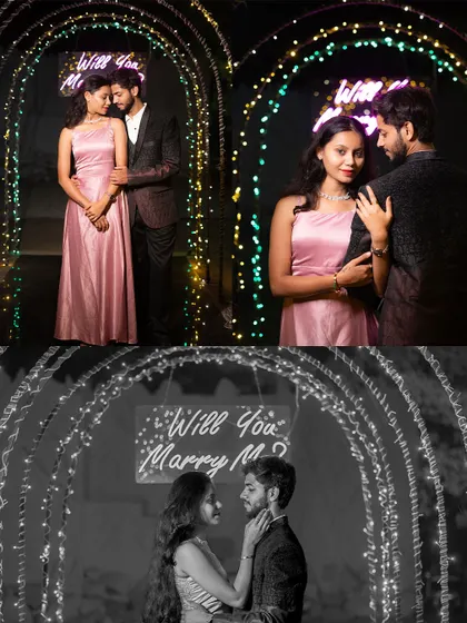 A romantic pre-wedding collage set under an arch of fairy lights, with a "Will You Marry Me" sign. It includes both color and black-and-white shots to capture the magical proposal atmosphere.