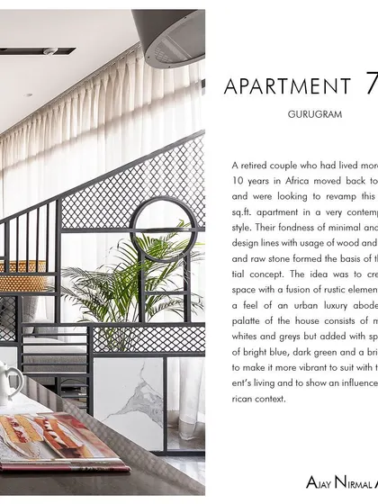 This image presents the initial concept brief for Apartment 704. It outlines the client's background and their desire for a contemporary style with a fusion of rustic elements, which formed the basis of the design.