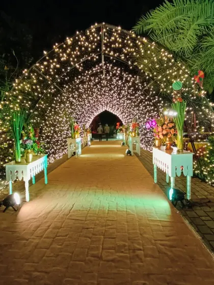 A magical tunnel of fairy lights creating a dreamy entrance pathway for a wedding reception or cocktail night.