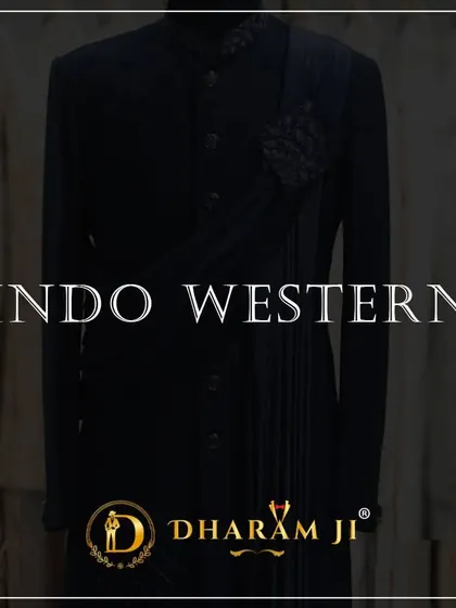 Another graphic for the "INDO WESTERN" collection, this time featuring a sleek all-black design with a modern drape.