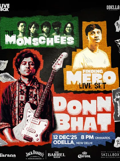The main poster for the LiveBox event featuring Donn Bhat, Finding Mero, and The Monschees.