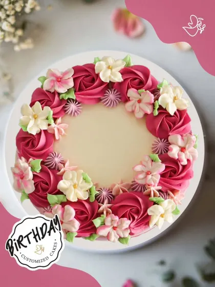 This dreamy flower buttercream cake was crafted for Manvi’s birthday in Amar Colony. The wreath of pink and white flowers creates a beautiful and elegant design perfect for celebrating life's sweetest moments.