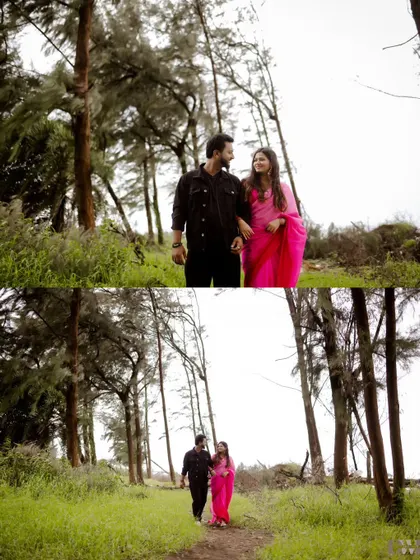 Walking together through a lush, green path. The contrast of her bright pink saree against the natural greenery makes for a visually stunning and romantic photograph.