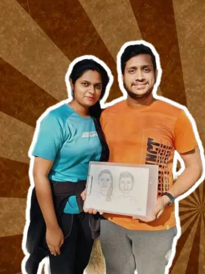 A fun, edited shot of the couple with their caricature. I love creating these keepsakes that people can share and enjoy.