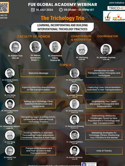 This poster details a webinar for the FUE Global Academy, a joint educational initiative. I participated as faculty to help build and incorporate interventional trichology practices for doctors worldwide.