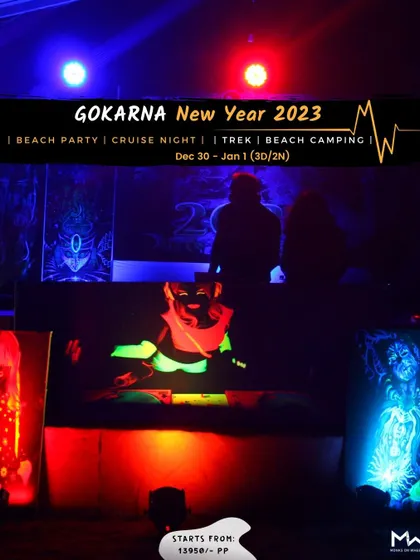 The setup for our Gokarna New Year's party, featuring neon art and a DJ booth, ready for a night of celebration.