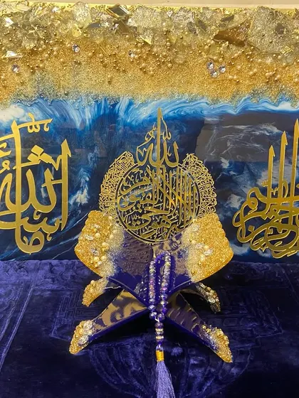 Another view of the blue and gold set, showing the beautiful contrast between the deep blue resin and the intricate gold calligraphy.