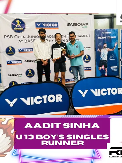 Aadit Sinha as the runner-up in the U13 Boy's Singles. His performance in competitive tournaments is consistently strong.