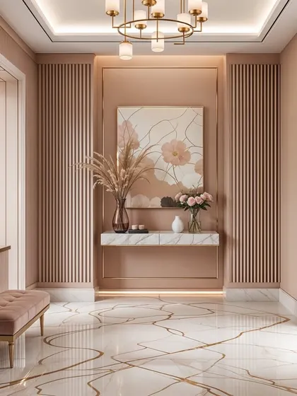This foyer concept uses a monochromatic pink palette with fluted walls, a modern console, and abstract art. The look is bold, romantic, and contemporary.