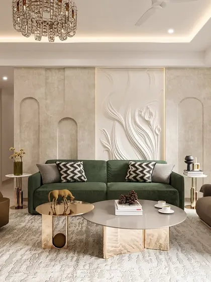 Another view of the 3D render, focusing on the seating ensemble which pairs plush, generously cushioned pieces with sleek accent furniture for a layered, harmonious look.
